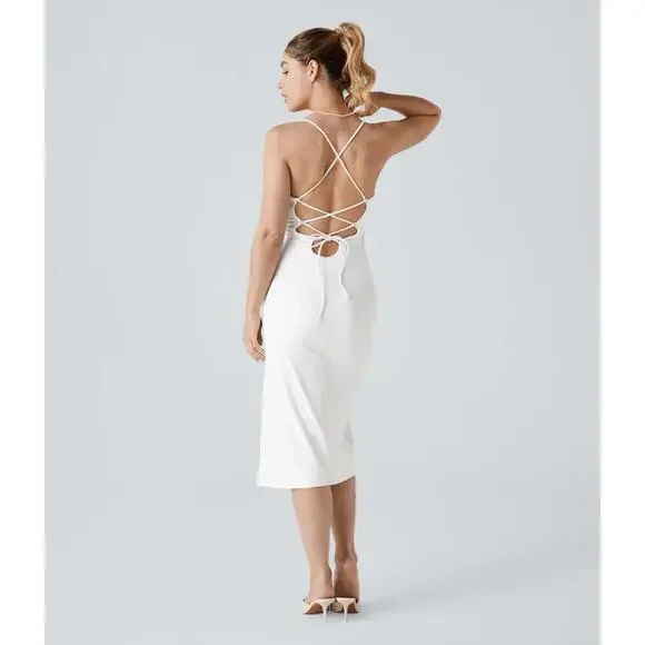 NWT Halara SoftlyZero Ruched Lace Up Bodycon Cool Touch Dress-UPF50+ White XS - Picture 3 of 11